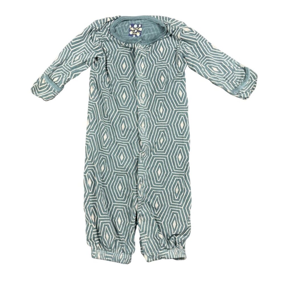 Kickee Pants 0-3 Baby Romper Coverall Geometric Teal White Long Sleeve Footless